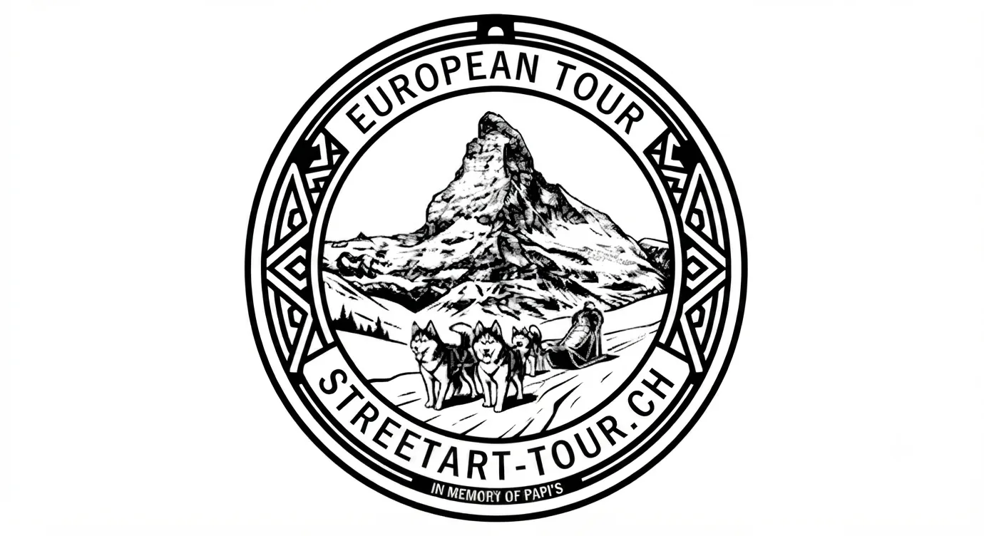 Sceau European Street Art Tour : le Cervin gravé au trait, un attelage de huskys au premier plan