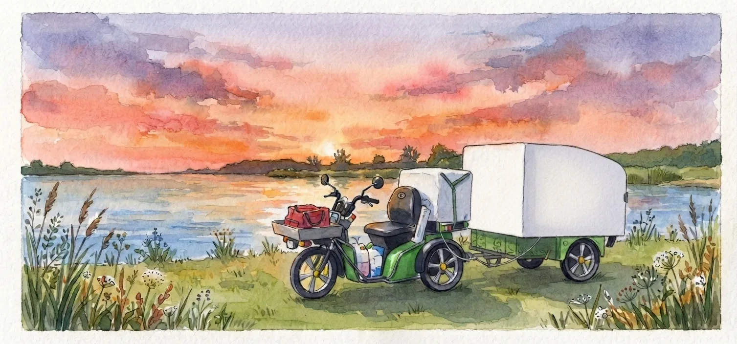 Illustration aquarelle du trois-roues électrique Kyburz DXP avec sa remorque, garé au bord d’un lac au coucher du soleil