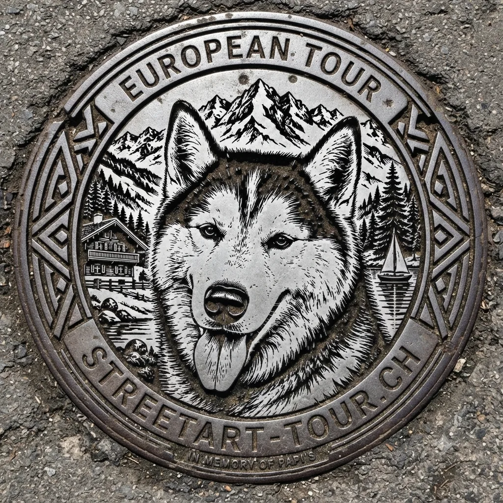 Sceau European Street Art Tour coulé en fonte dans une plaque d’égout, encastré dans le bitume