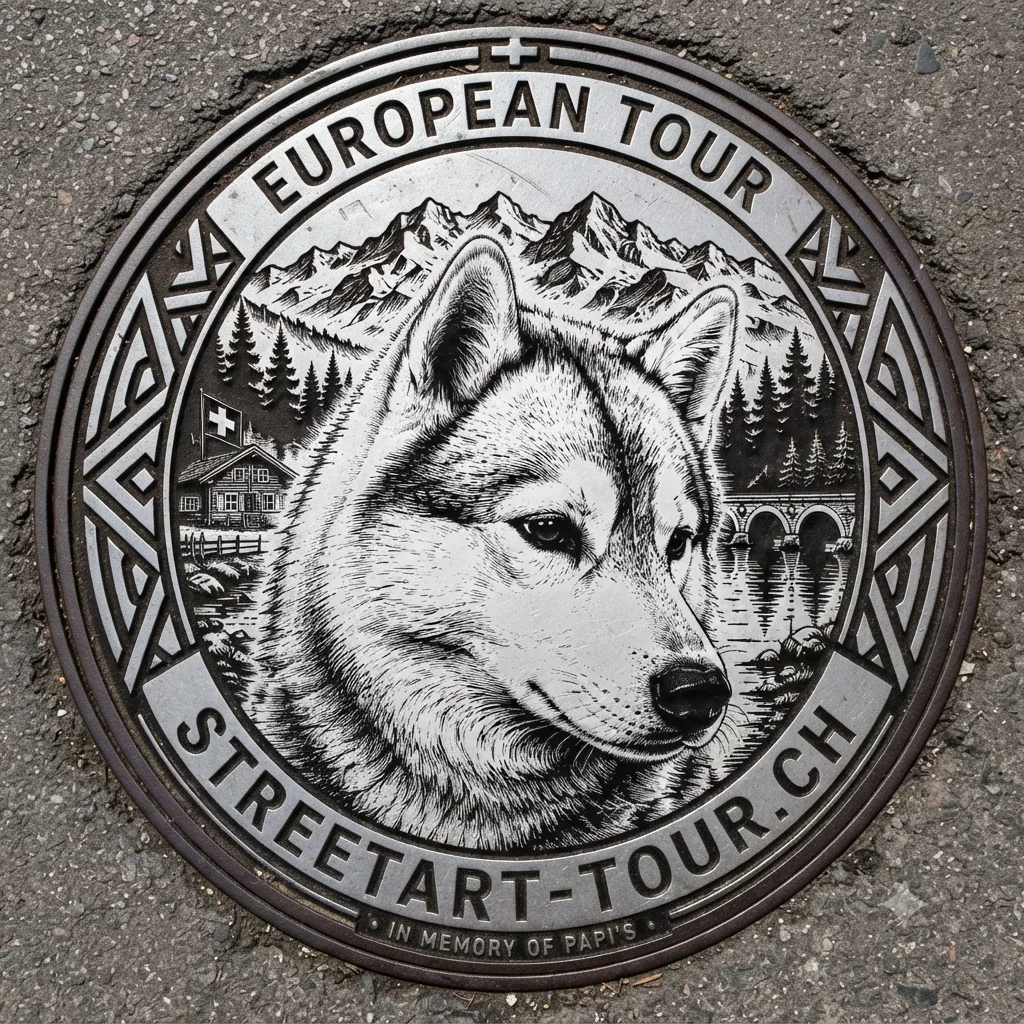 Plaque d’égout European Street Art Tour dans le bitume : husky de profil, montagnes, chalet et pont