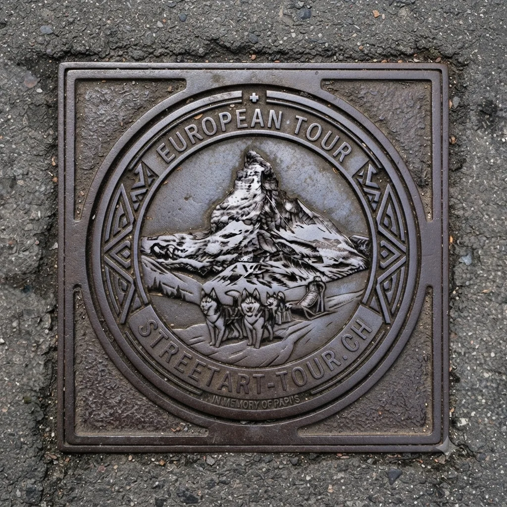 Plaque carrée en fonte encastrée dans le bitume : le Cervin et un attelage de huskys gravés au centre