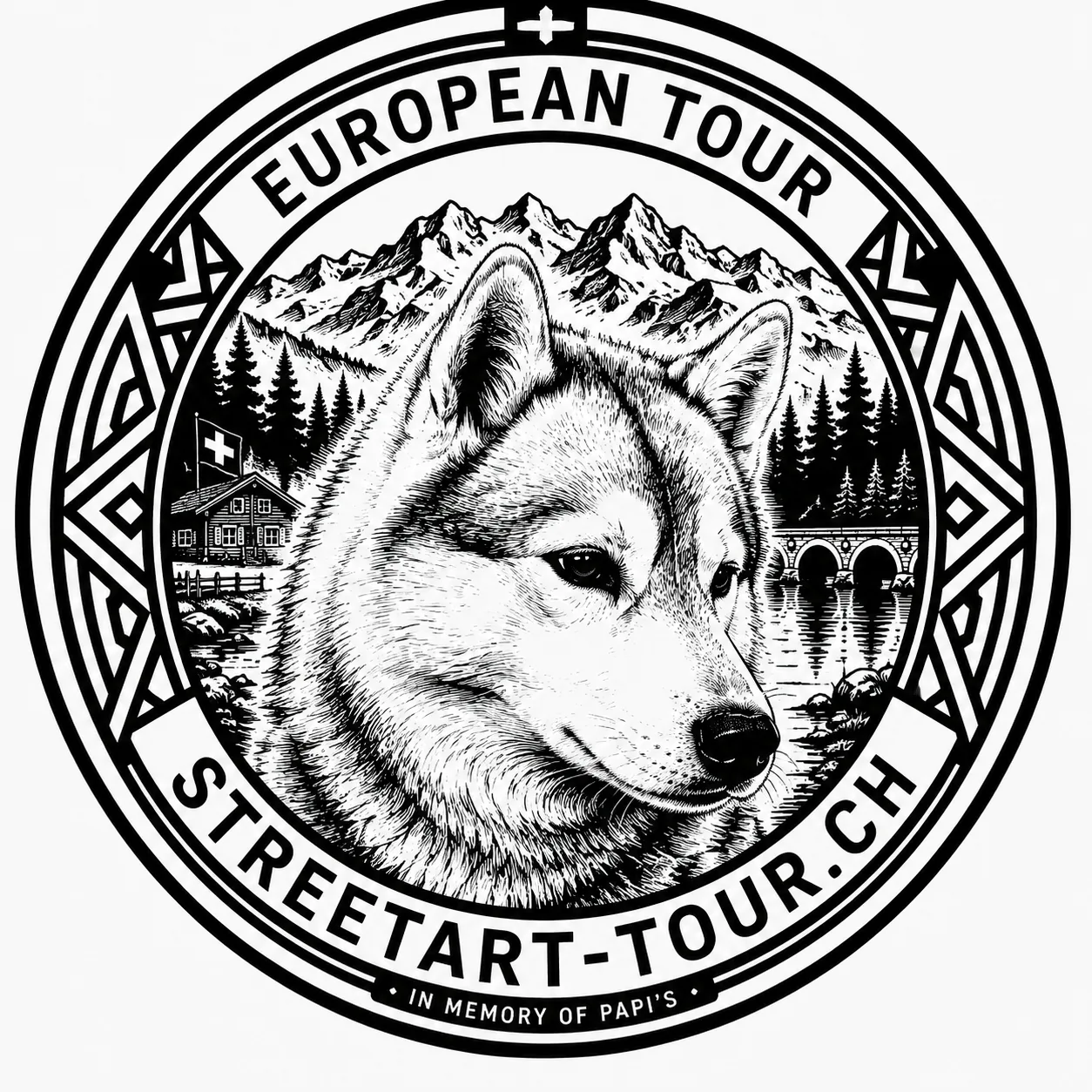 Logo European Street Art Tour : tête de husky au centre d’une plaque d’égout
