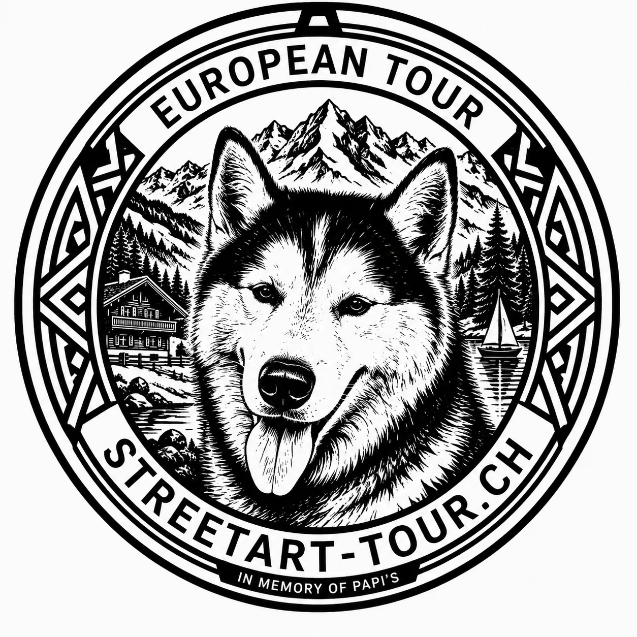 Le même sceau gravé au trait : tête de husky entourée de montagnes, chalet et voilier
