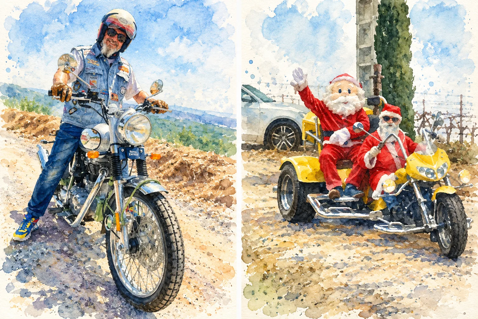 Deux aquarelles côte à côte : un motard casqué et barbu en gilet à patchs sur une moto Royal Enfield, et deux pères Noël sur un trike jaune